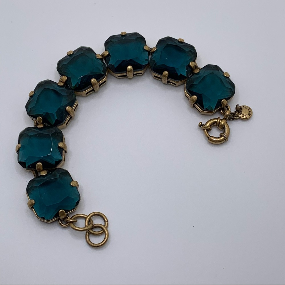 J Crew Deep Teal Faceted Crystal Bracelet - Vintage Brushed Goldtone